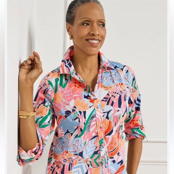 TALBOTS L Marvelous Floral Long Sleeve Modern Classic Cotton Shirt - Picture 2 of 11